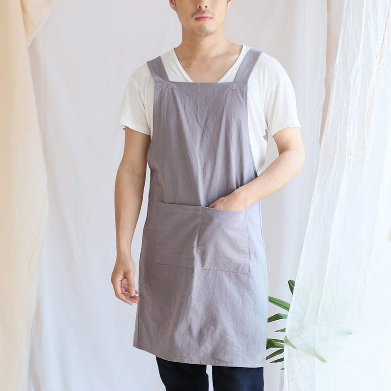 NEWGEM Japanese Linen Cross Back Kitchen Cooking Aprons for Men with Pockets for Baking Painting Gardening Cleaning Gray - Image 2
